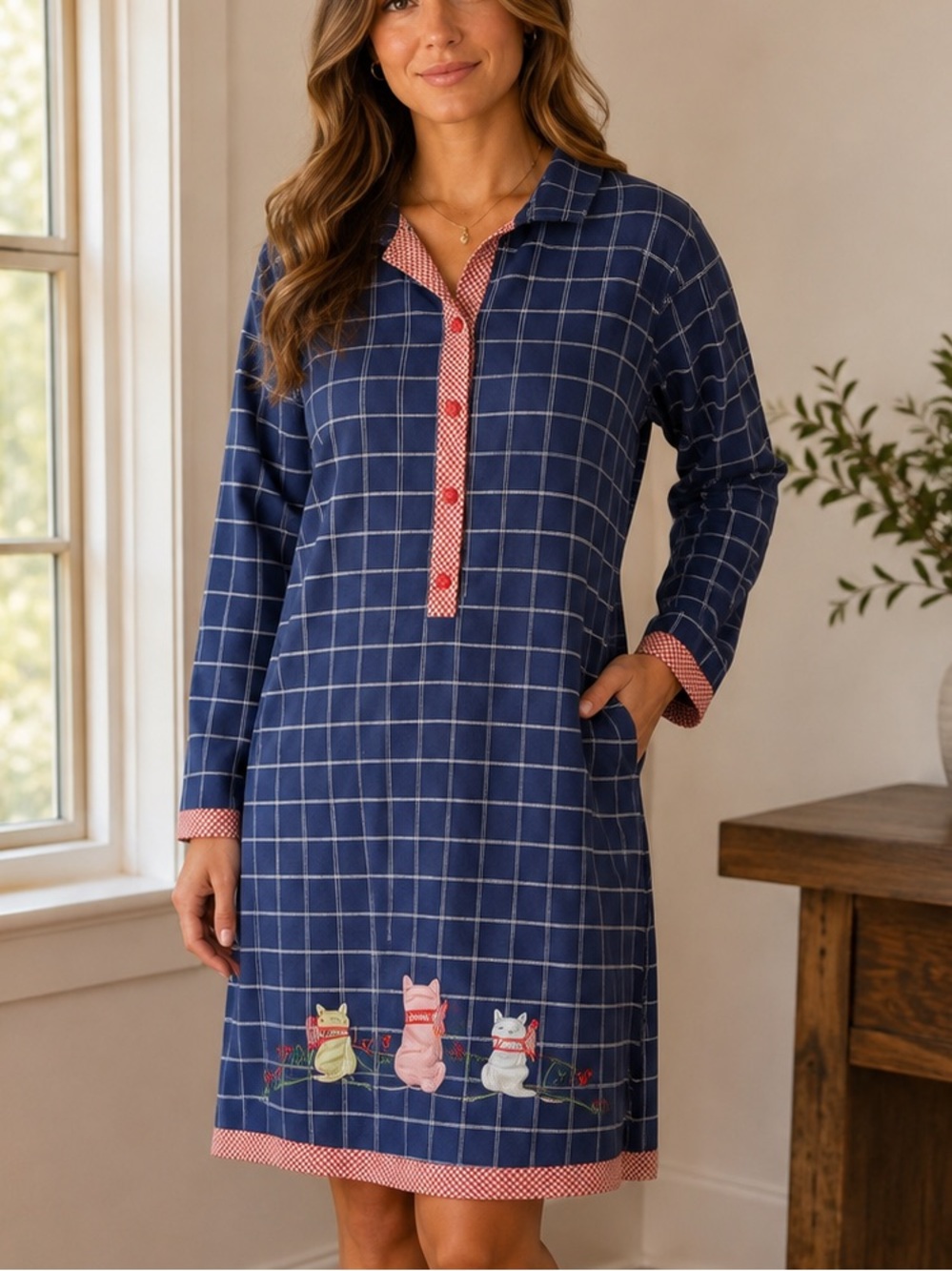 Stan Herman Women's Button Front cat design on window pane plaid blue size large
